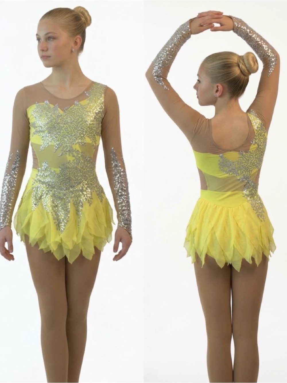 Sharene Custom Figure Skating Dress Yellow Silver Sequins Ice Dance Dress YL/XS